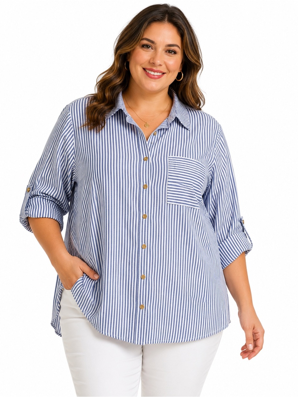 naif 2X Blue White Striped Button Down‎ Shirt Plus Size Relaxed Fit Collared Top